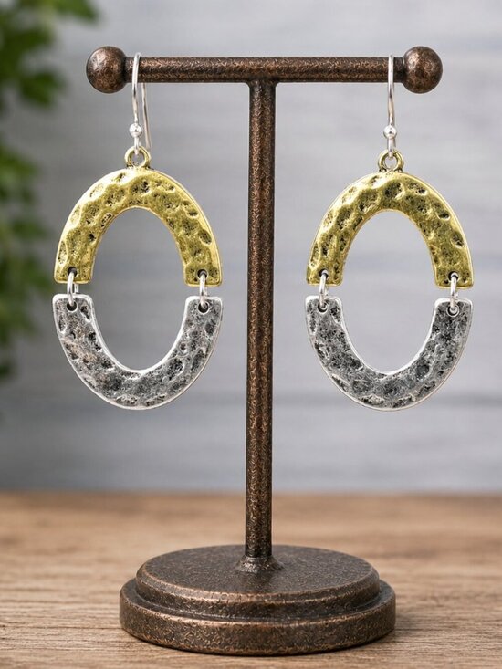 Boutique Jewelry - Two Tone Gold and Silver Oval Drop Earrings